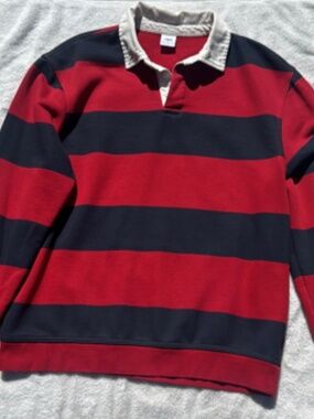Zara Men’s Contrast Collar Polo Sweatshirt In Navy Blue, White, & Red. Medium.
